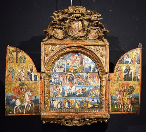 Tryptique  médiéval grec, détrempe sur bois à fond or